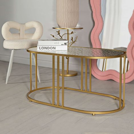 Wohnzimmertisch Fadali, oval, transparente Platte, Struktur aus Glas, 90x50x45h cm, gold (1/5)