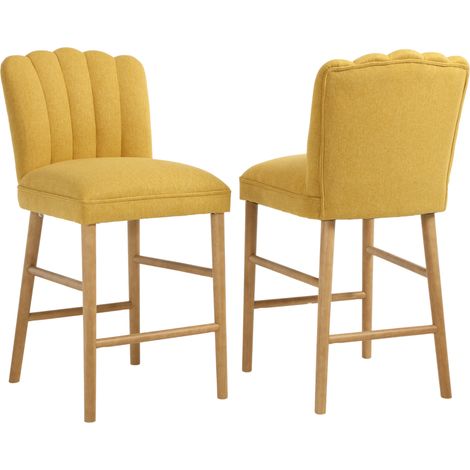 Wahson 2Pcs Bar Stools Chenille, Upholstere Counter Bar Chairs with Wooden Legs and Breakfast Stools for Home Kitchen, Yellow