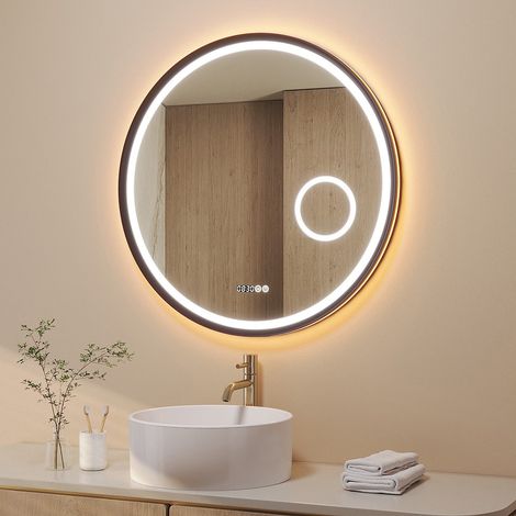 Rund 80 cm Badspiegel Dimmbar Wandspiegel mit Beleuchtung 2 Lichtfarben Kaltweiß & Warmweiß LED Spiegel für Badezimmer mit Aluminiumrahmen  2. Farbe：Rahmen in Mattschwarz (1/5)