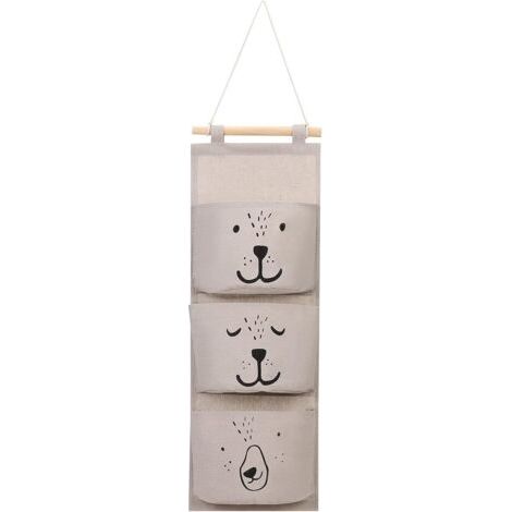 Lot de 2 sacs de rangement muraux, 3 poches en coton et lin, imperméables, pliables, amovibles, de taille moyenne, rectangulaires, pour bureau, chambre, armoire, gris (1/4)