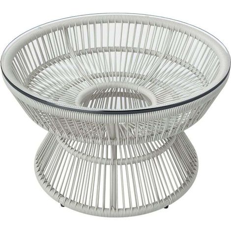 Table basse de jardin ronde, table d'appoint en résine aspect rotin et plateau verre trempé Ø 60 x 37H cm (1/3)