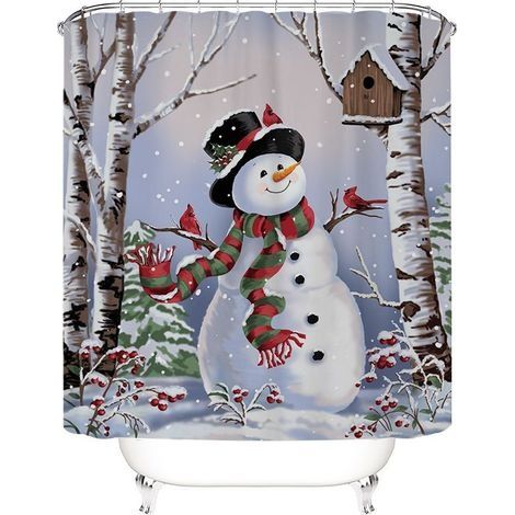 Rideau de douche de Noël, ensemble de rideaux de douche bonhomme de neige avec 12 crochets, rideaux de douche de neige de vacances pour salle de bain,180x200cm (1/3)