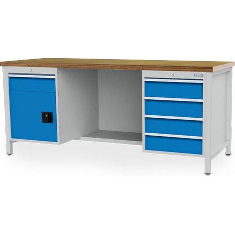 Kastenwerkbank Breite 2000 mm, R18-24, 5 x Schublade, 1 x Flügeltüre, 1 x Stahlfachboden halbe Tiefe, Rückwand Maße in mm (BxTxH): 2000 x 750 x 859 (1/4)