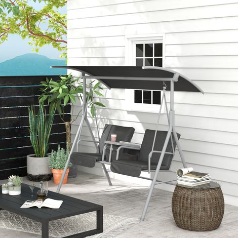 Hollywoodschaukel, 2-Sitzer, mit Dach und Tisch, Metallrahmen, bis 180 kg, 175x110x165 cm, Schwarz (1/5)
