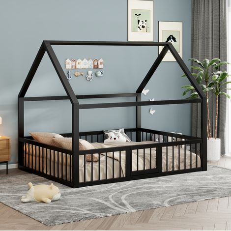 MEUBLIV Cama casita 140x200 cm negra – estructura de metal con barrera, sin colchón (1/5)