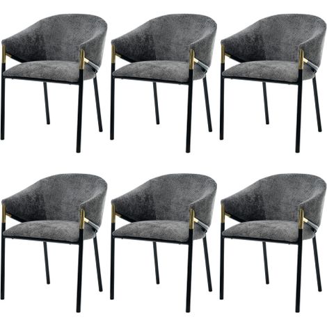 Lot de 6 chaises de salle à manger, en chenille, avec accoudoirs et dossier, pieds en métal, gris (1/5)