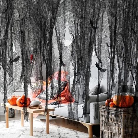 Cortinas de puerta de Halloween de 3 piezas，tela terrorífica，cortinas decorativas，tela de Halloween，decoración para fiestas，3 piezas negras (1/4)