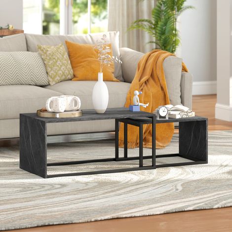 Lot de 2 tables basses gigognes design industriel encastrable conçu en métal noir et effet marbre gris foncé