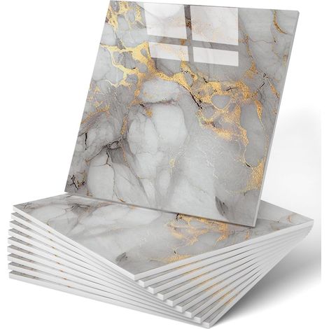 Lot de 20 carreaux muraux imperméables en PVC pour salle de bain, cuisine et salon - Motif marbre - 30 x 30 cm - Doré (1/5)