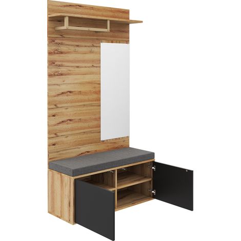 Flurmöbel mit Spiegel, Sitzbank und Schuhschrank 100 x 38 x 190 cm, schwarz und Holz (1/5)