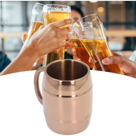 Doppelwandiger Kaffeebecher aus roségoldenem Edelstahl mit Henkel, großes Fassungsvermögen (420 ml). (1/5)