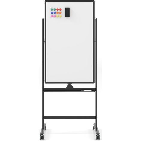 COSTWAY Lavagna Bianca Portatile con Ruote, Lavagna a Secco Reversibile con Pennarelli, Cancellino, Lavagna Bianca Regolabile in Altezza per Scuola, Ufficio, Casa, 68 x 56 x 155,5-183,5 cm (Nero)