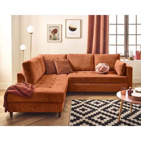 Lisa Design – Canapé d'angle gauche 5 places convertible en velours texturé – Tiroir coulissant pour couchage occasionnel – Style contemporain – Couleur rouille (1/5)