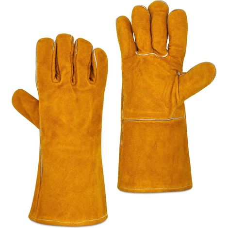 Gants Cheminée Anti Chaleur, Gants Barbecue Cuir 35 cm, Gant Soudure Résistant à la Chaleur avec Doublure Douce et Coutures Renforcées pour Barbecue Cheminée Four Atelier (1/5)
