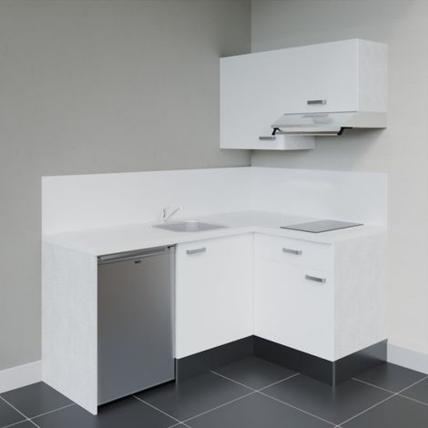 Kitchenette d'angle KA02L-PT électroménager inclus - Façade Blanc - Plan Blanc - Crédences Oui + Electroménager inclus coloris Inox (1/4)