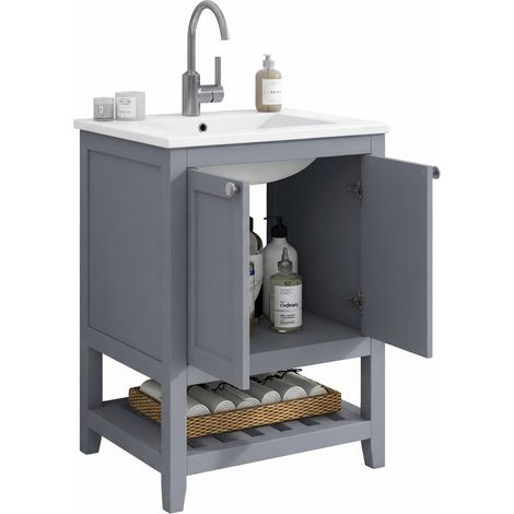 ELVMI Mobile sottolavabo con vano aperto e lavabo in ceramica, per bagno, legno massello e MDF, grigio bianco (1/5)