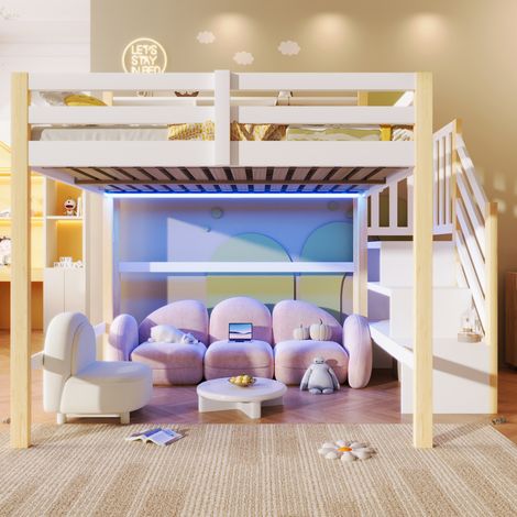 Lit mezzanine enfant 140 x 200 cm avec LED, escalier de rangement, grand espace sous lit, garde-corps, structure en pin, MDF et contreplaqué - blanc (1/5)
