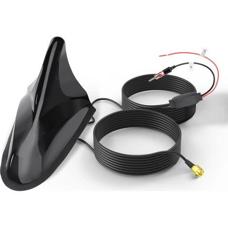Antenne de Toit FM/AM/GPS Active avec Amplificateur 28dB, Aileron de Requin Universel, Câble 5m + Adaptateur DIN/SMA pour Autoradio, Navigation, Réception Signal Zone Faible (1/5)