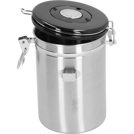 Boîte à café en grains avec soupape de décompression, en acier inoxydable, avec cuillère incluse (argent). (1/5)