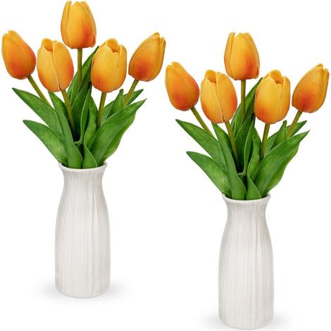 Kunstblumen Tulpen Blumen Echt Real Touch 30 cm Vase Keramik Orange