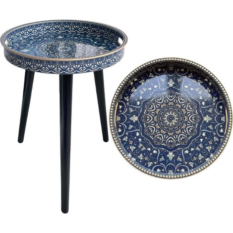 Table d'appoint avec plateau amovible – Petite table d'appoint légère et portable pour salon, table de chevet, coin de lecture, table léopard vert, plateau de 33 cm (labyrinthe bleu) (1/5)