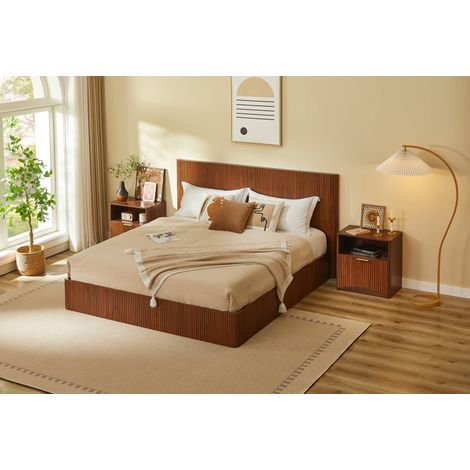 Mesita de noche 58x38x60 cm nogal MDF y tablero de partículas con cajón abierto y compartimento cerrado (1/5)