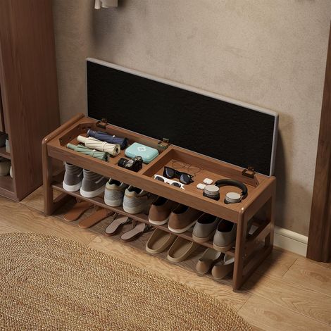 Banc à Chaussures Rembourré, Banc de Rangement en Bois Massif, Rangement Caché, Étagère à Chaussures à 2 Niveaux, Meuble d'Entrée, Coussin d’Assise en Coton et Lin, 30 x 100 x 40 cm, Noyer (1/5)