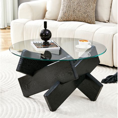 Tavolino da caffè rotondo 79x79x45 cm, piano in vetro, base a croce, MDF e vetro, nero e trasparente (1/5)