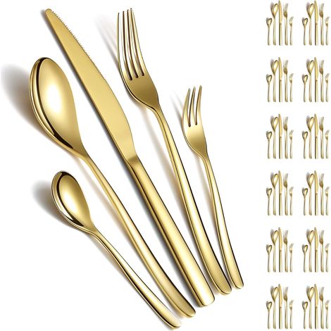 Ensemble de couverts en or 60pcs pour 12, couverts en acier inoxydable plaqué titane doré, couteaux pour la maison, le mariage, le restaurant, l’hôtel, le lave-vaisselle (1/5)
