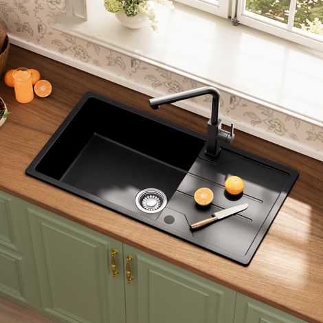 CECIPA MAX Küchenspüle Granit 86 x 45 cm Aufsatzspüle mit Abtropffläche, Granitspüle inkl. Siphon Ab- und Überlaufgarnitur