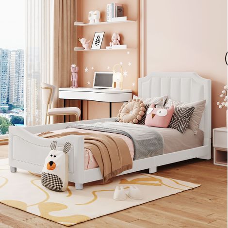Cama tapizada infantil de flanela beige 90x200 cm, con somier de láminas y función sofá cama (1/5)