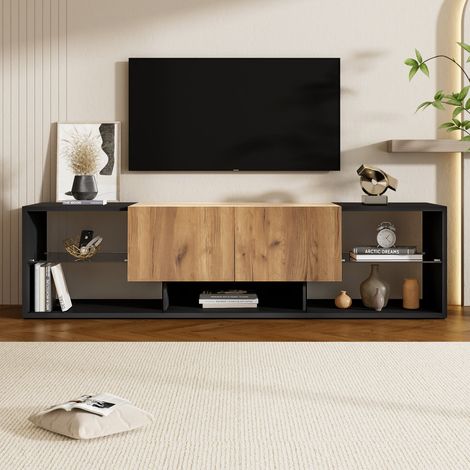 Meuble tv moderne noir pour écran jusqu’à 70 pouces avec 3 plateaux en verre et 2 tiroirs (1/5)