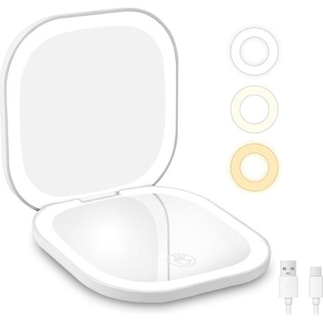 Miroir de Voyage Grossissant, 3X/1X Miroir Maquillage Grossissant Lumineux, Miroir de Maquillage, avec 3 Couleurs Eclairage, Double Face, pour un Maquillage Précis, Blanc (1/5)