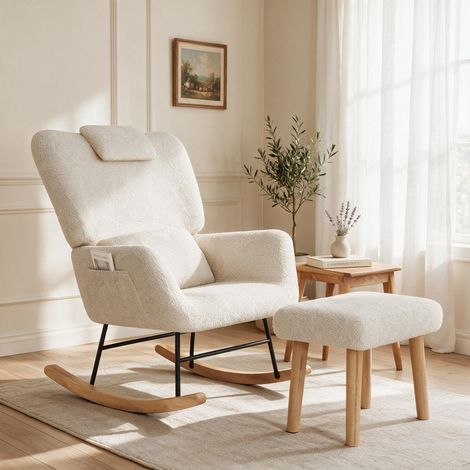 Fauteuil à bascule 75×77×92,5 cm confortable avec repose pieds fourni - Tissu sherpa - Dossier rembourré ergonomique - Adapté au salon et chambre - Beige (1/5)