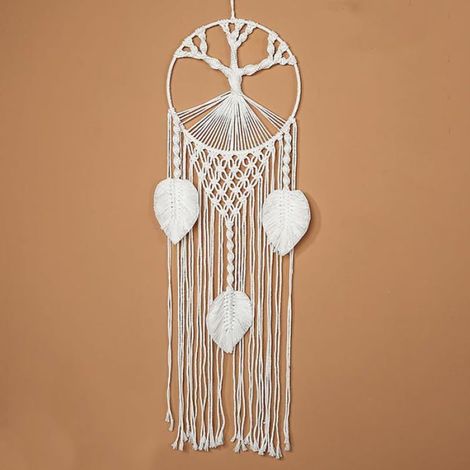 Attrape-rêves mural macramé Boho fait main avec pompon, 3 feuilles, décoration murale suspendue (1/5)