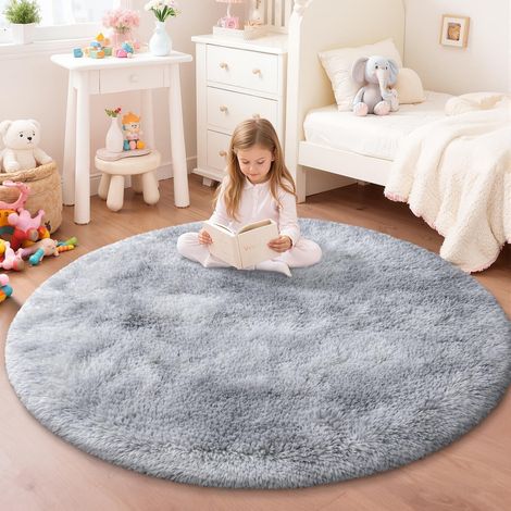 Tapis Rond pour Chambre d’Enfant, Chambre à Coucher, Salon, Salle de Jeu, Poils Longs, Doux, Lavable, Antidérapant, Moderne, Tie-Dye Gris Clair, 100 cm (1/5)