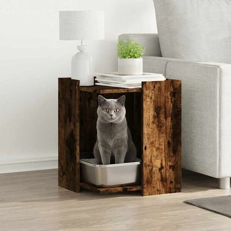 Meuble pour bac à litière pour chat en chêne fumé et bois d'ingénierie