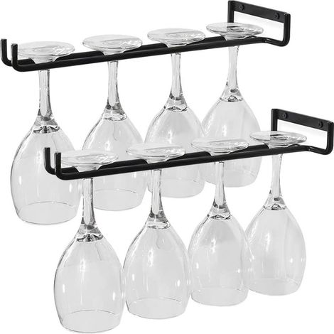 Juego de 2 soportes para vasos, soporte metálico para colgar, capacidad para 4 vasos, fijación con tornillos, para cocina, bar, restaurante, color negro. (1/5)