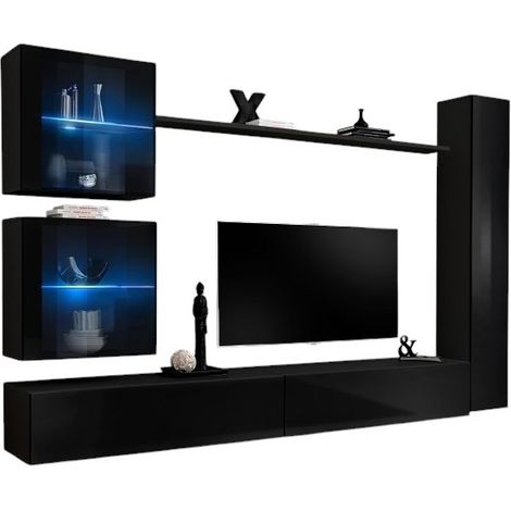 Wandkomposition SWITCH XVIII schwebendes TV-Möbel in Hochglanz Schwarz mit Vitrinen