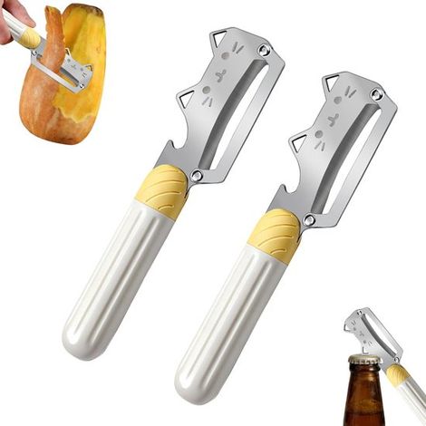 Pelador de 3 piezas, pelador de patatas de acero inoxidable con mango de plástico, pelador de verduras multifuncional 2 en 1 y abridor botellas (1/5)