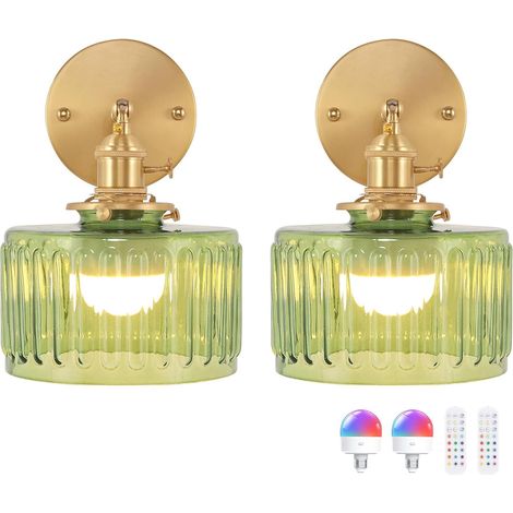 Vintage Wandleuchte Batterie Betrieben Amber Geriffeltes Glas, Kabellose LED Wandlampe mit Fernbedienung, Dekoratives Licht für Schlafzimmer Nachttisch Wohnzimmer (1/5)