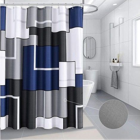 Rideau de douche en tissu - Bleu marine avec motif carrés - Dimensions 181x181 cm - Polyester résistant (1/5)