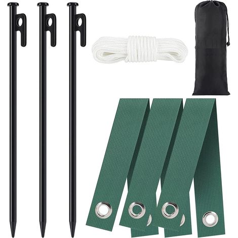 8-Piece Tree Stake Kit, 3 Heavy-Duty 30cm Tree Stakes with 3 Tree Staking Straps and 10m Anchor Rope for Hurricane and Weather Protection (1/5)