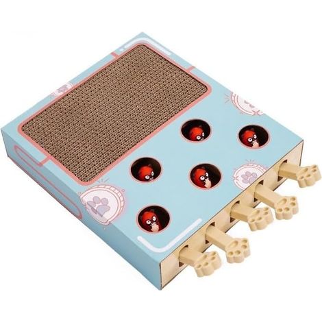 Jouet interactif pour chat, jouet en bois en forme de taupe et de souris, boîte à puzzle avec de jolis jouets pour chat de dessin animé, pour poursuivre, jouer, faire de l'exercice, griffer - 5 trous, (1/4)