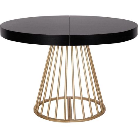 Paris Prix – Table de repas extensible ronde 110-260cm – 12 couverts – MDF et métal – Naturel et moderne – À monter soi-même – Noir