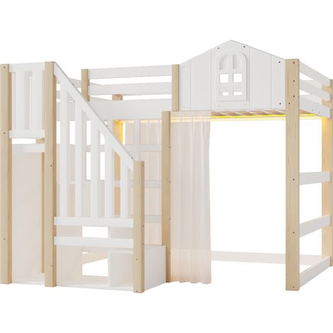 Hochbett 140x200 cm mit LED, Stauraumleiter, Gaze-Vorhang, weiß und natur (1/5)