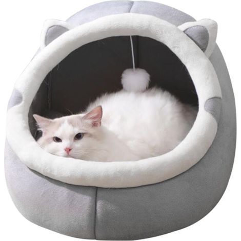LaBlanc - Lit pour Chat,Lit pour Chat Grotte De Chat Maison,Panier pour Chat Semi-fermé,Niche Douillette pour Chat avec Jouet Suspendu Et Coussin Amovible Lavable Rembourré,L,454341 cm,gris
