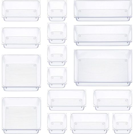 16 Pieces Drawer Organizer, 5 Sizes Drawer Storage Box, Non-Slip Makeup Organizer, for Office Stationery Storage, Dresser, Bathroom, Kitchen (Transparent)