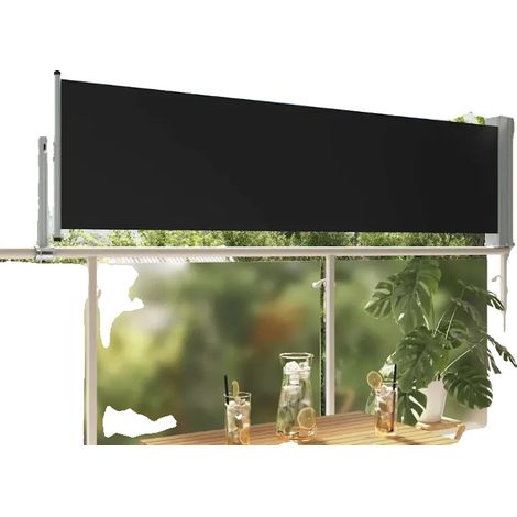 Toldo lateral para patio, tejido con revestimiento de PU, 80 cm de altura, longitud regulable de 0 a 300 cm, montaje en pared, bicolor negro y gris. (1/5)