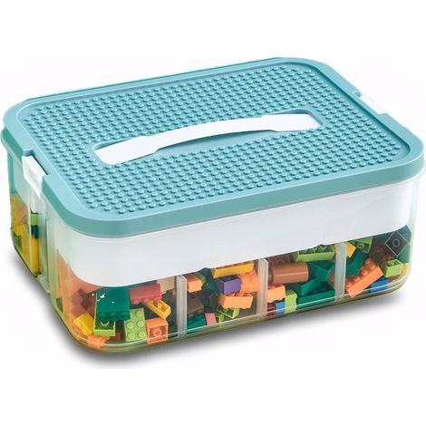 Boite Rangement avec Couvercle Plastique pour Briques, Enfant Jouets Empilable Organiseur Transparent avec Compartiments pour Ranger les Jouets (bleu-vert, 1 étage) (1/5)